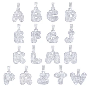 A - Z Initial Bubble Letters Silver Plated Iced Pendant 20" Rope Chain Necklace - Picture 1 of 35