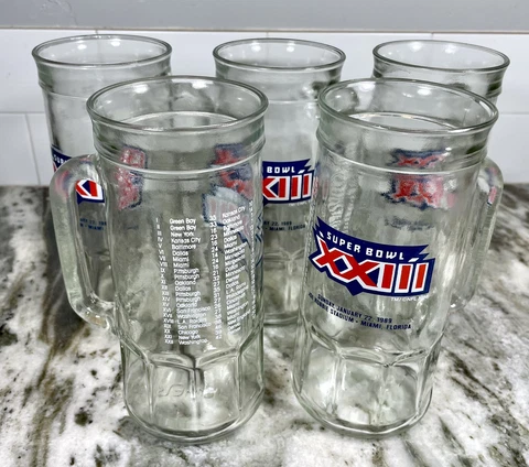 Lot Of 5 Glass Mugs Super Bowl 23 XXIII 1989 NFL 20oz Stein 49ers vs Bengals Cover