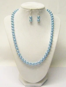 20 Inch Light Blue Glass Pearl Necklace/Earrings Set - Picture 1 of 5