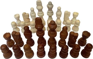 WOODEN SET OF 32 CHESS PIECES / MEN IN BROWN AND CREAM - Picture 1 of 1