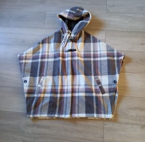 E-Studio Cream & Grey Check Poncho Jacket Hood Warm Weight Fleece Lined Size S/M - Picture 1 of 18