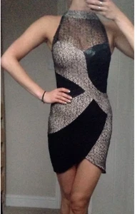 Lipsy Black Gold Bodycon Dress 16 Sequin Lace Party Occasion Wedding Club Cruise - Picture 1 of 19