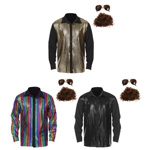 Mens Outfit Metallic Costume Long Sleeve Set Breathable Sunglasses Prom Shirt - Picture 1 of 41