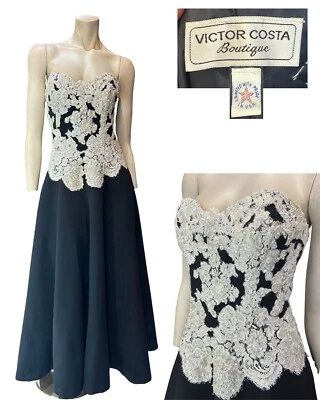 Vestido Victor Costa Vintage Años 80’s/90’s Blanco y Negro, Encaje y Lentejuelas, Talla 6 Foto 1 de 4