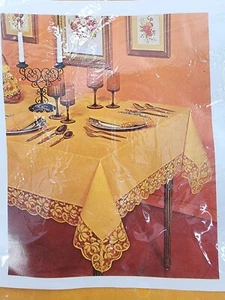 Vintage Ensenada Two Toned Lace Trimmed Tablecloth 67" Round Orange 1970s MCM - Picture 1 of 5