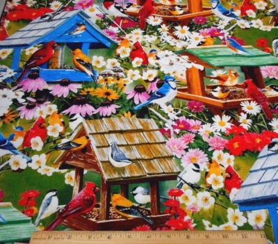 Quilt Fabric 1 7/8 Yard SALE Birds Birdhouses Floral on Green Premium Cotton #PC - Image 1 of 3