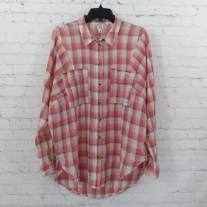 BDG Top Womens Medium Pink Cream Plaid Long Sleeve Button Up Gauze Oversized - Picture 1 of 11