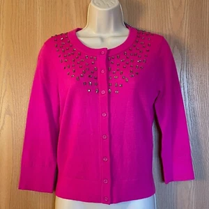 Kate Spade Size S Tokyo Grid Rhinestones Magenta Pink Wool 3/4 Sleeve Cardigan - Picture 1 of 3