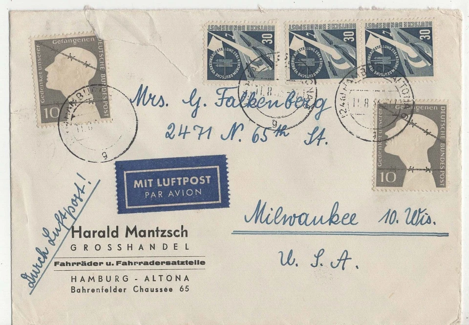 Sellos Alemania, portada de correo aéreo a EE. UU. 3 centavos 30 Pf azul Foto 1 de 1