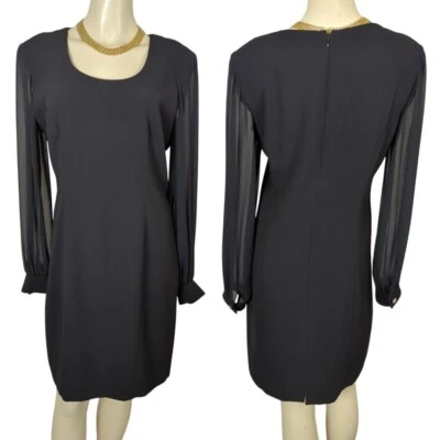 Liz Claiborne sheer long sleeve career cocktail sheath black Vintage dress 10 - Image 1 of 4