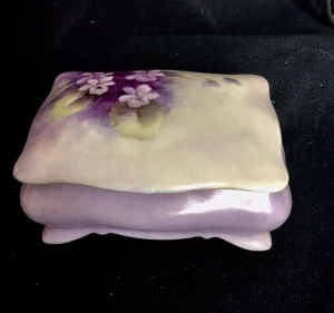 Trinket BOX lidded handpainted vintage PURPLE Flowers 5 x3.75"x2.25" porcelain - Picture 1 of 8