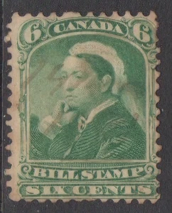 EARLY CANADA - BILL STAMP GREEN 6c V - USED HINGE - Picture 1 of 2
