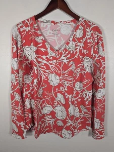 Icikuls Shirt Womens Large Coral Pink V Neck Long Sleeve Sea Life Seashell Mesh - Picture 1 of 11
