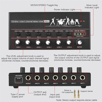6-Kanal-Audiomixer Stereo-Line-Mixer Metallgehäuse USB-Typ-C-Netzteil G7X5 - Bild 1 von 4