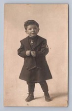 Little Boy w Funny Overcoat "George Herbert Bush" RPPC Antique Studio Photo 1907