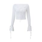 Bell Sleeve Pullover Sweater Round Collar Lace Up Top Long Sleeve Blouse  Women