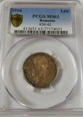 1914 1 Leu Silver Carol I . Romania PCGS MS63 - Image 1 of 2