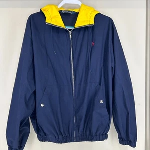 VTG Polo Ralph Lauren Full Zip Jacket Navy Blue Yellow Hood Red Pony Men's L - Picture 1 of 9