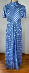 VTG 70'S HOUSE OF BIANCHI*BLUE WHITE POLKA DOT MAZI DRESS*10 FITS LIKE CURRENT S - Picture 1 of 6