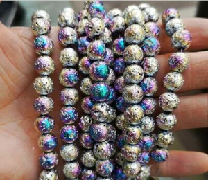 6/8/10MM Electroplate Volcanic Lava Stone Beads Rainbow Plated Rock Gem 15" - Picture 1 of 4