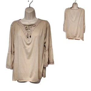 New York Laundry Loose Fit Blouse 3/4 Bell Sleeve Lace Accent Sz M Color Beige - Picture 1 of 6