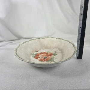 Antike Servierschale Halbporzellan rot Mohn Blumen Crazing gewellter grüner Rand - Bild 1 von 15