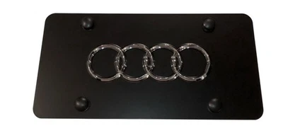 3D Audi Quattro Emblem Stainless Steel Front Black License Plate Frame W/ Caps - Image 1 of 4