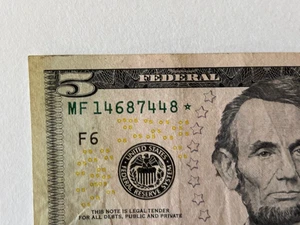 $5.00 Bill - *** Star *** note - VERY GOOD CONDITION. MF14687448*| FREE SHIP - Picture 1 of 3