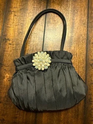 Vintage La Regale Clutch Pleated Black Satin Pearl/Rinestone Broach Evening Bag - Image 1 of 4