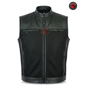 Club Motorcycle Vest – Men’s Genuine Cowhide Leather & Mesh cafe racer Waistcoat - Picture 1 of 5