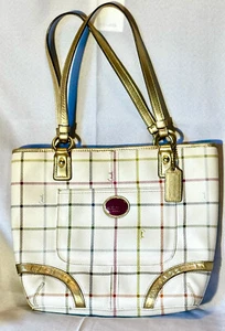 COACH Y2K Peyton Tattersall Tote, F21863 Cream Multicolor, EUC - Imagen 1 de 13