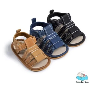 Infant Outdoor Summer Breathable Rubber Soft Sole Canvas Fabric Baby Boy Sandals - Picture 1 of 16