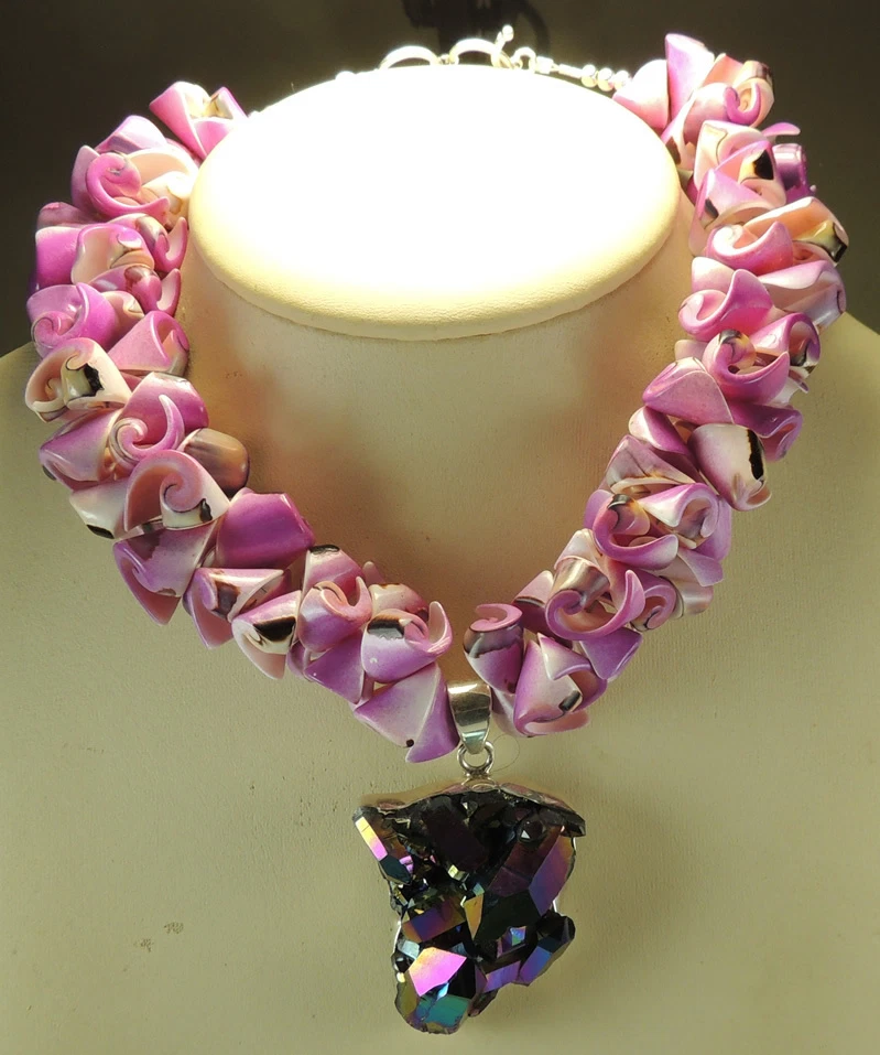 Statement Curly Shell & Titanium Quartz Necklace Sterling Silver Beach Wedding - Image 1 of 2