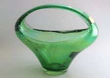 Vintage Blown Art Glass Basket Green Controlled Bubbles Cristales de Chihuahua