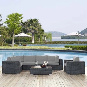 Modway Summon 7-Piece Aluminum Rattan Patio Sectional Set in Canvas/Gray - Picture 1 of 9