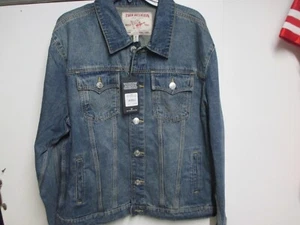 TRUE RELIGION MENS DENIM JEAN JACKET (XL) NWT DENIM BLUE W/SILVER HARDWARE SOLID - Picture 1 of 7