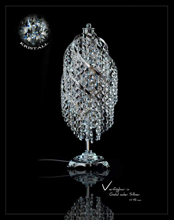 Lampada Da Tavolo In Cristallo Reale Per Comodino O Scrivania Oro O Argento - Immagine 1 di 2