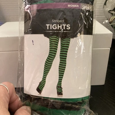 New Green Black Striped Tights Opaque Pantyhose One Size - Image 1 of 3