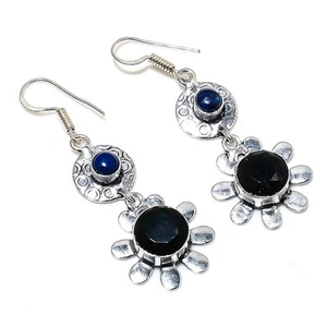 Black Spinel, Lapis Gemstone Handmade 925 Sterling Silver Jewelry Earring 2.17" - Picture 1 of 5