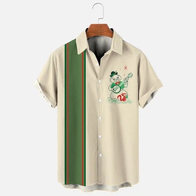 Camisa de boliche masculina retrô Natal desenho animado boneco de neve estampa - Imagem 1 de 2