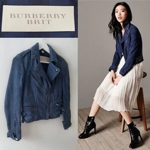 Burberry Jacket Suede Leather Biker Jacket Blue Sandfield | UK 4 | BURBERRY BRIT - Picture 1 of 11
