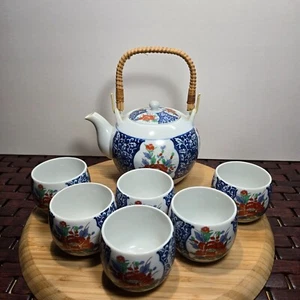 Vintage OMC Imari Bamboo Handle Japanese Porcelain Tea Pot with Lid & 6 Cup Set - Picture 1 of 10