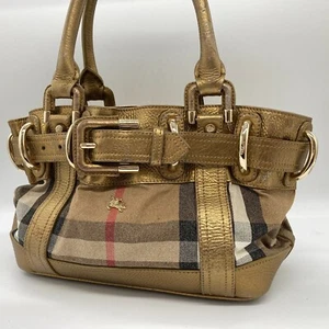 BURBERRY Hobo Hand Bag Drawstring Bag Nova Check Gold Metallic Authentic - Picture 1 of 23