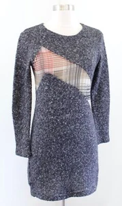 Vtg Karen Zambos Gray Knit Plaid Patchwork Tunic Sweater / Mini Dress Size S - Picture 1 of 6