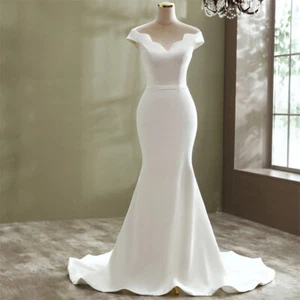 Elegant White Mermaid Wedding Dresses Boat Neck Sleeveless Satin Bridal Gowns - Picture 1 of 13