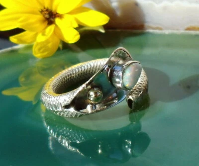 Ω Ring Schlange Tropfen aus Feueropal Silber 925 vergoldete Kugel Gr 17,2 - Bild 1 von 4