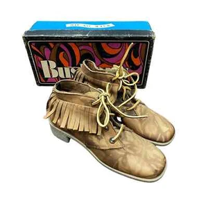 1960s Mod NIB Brown Leather Swirl Design Fringe Ankle Boots / Women’s 6M - Picture 1 of 6
