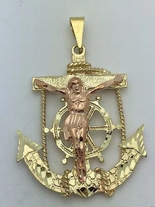 10k Two Tone Gold Solid Anchor Mariners with Jesus Crucifix Pendant 9.3 grams - Picture 1 of 4