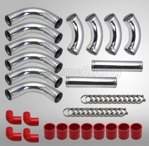 RDT UNIVERSAL CHROME FRONT MOUNT INTERCOOLER PIPING KIT w/COUPLERS 12PC 3" RED - Picture 1 of 1
