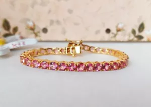 8Ct Round Lab Created Pink Ruby Women's Tennis Bracelet 14K Yellow Gold Plated - Picture 1 of 5